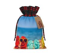 Flip-Flops On A Sandy Beach Print Christmas Drawstring Gift Bags Large Xmas Present Storage Bag