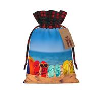 Flip-Flops On A Sandy Beach Print Festive Plaid Gift Bag, Candy Bag, Drawstring Burlap Pouch For Holiday Presents Favor-M