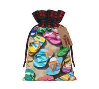 (Flip-Flops on a Sandy Beach) Reusable S Size Bag Sack With Drawstring Eco-Friendly Plaid Burlap Pouch For Party Wedding Favors.