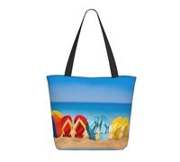 Flip-Flops On A Sandy Beach Women'S Large Shopping Tote Bag, Lightweight Durable Polyester Tote With All-Over Print,Foam Padded For Protection