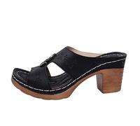 Flip-Flops Summer New Round Head Hollow One Line Buckle Fashionable European and American Style Large Size Women's High Heel Casual Slippers House Shoes Womens (Black, 6)