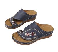 Flip Flops Thong Footwear For Women Lightweight Open Toe Thong Slides Summer Beach Holiday Platform Slippers Geometric Embroidery Navy Blue