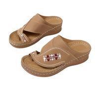 Flip Flops Thong Footwear For Women Lightweight Open Toe Thong Slides Summer Beach Holiday Platform Slippers Geometric Embroidery Navy Brown