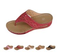 Flip Flops Women's Leather Heel - Platform Flip Flops Women's Non-Slip Beach Sandals with Wedge Heel Toe Separator Sandals Breathable Casual Shoe Wedge Sandals Lightweight Non-Slip Orthoshoes, red, 8