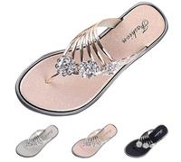 Flip Flops Women's Rhinestone Glitter Comfortable Toe Separator Summer Flat Non-Slip Slides with Floral Decoration Casual Lightweight Sandals Soft Flat Cool Summer Shoes Open Classic Beach Shoes, A01