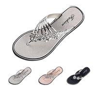 Flip Flops Women's with Flowers, Toe Separator Women's Flat, Sandals Bohemian Sliders Comfortable Slippers Fashion Beach Sandals Solid Sole Mules Breathable Slip On Bathroom Slippers, silver, 7 UK