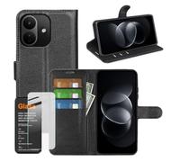 Flip Phone Case + Protective Glass for Xiaomi Redmi Note 17 Pro 5G Black | Faux leather wallet case, card slot, stand function, 9H screen protector glass