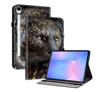 Flip Printed Case for Samsung Galaxy Tab S10 Lite/ S10 FE 2025/ S9 FE 10.9 Inch/ S9 11 Inch 2023 Shockproof Card Holder Multi-Angle Stand Cover with Pen Holder Black Lion