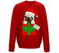 Flip Santa Paws Cute Pug Dog in Santa Hat Christmas Sweatshirt Red (M)