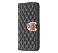 Flip Shiny Case for TCL 405 Glitter Case Rhombus PU Leather + TPU Bumper + 3D Rhinestone Love Buckle Bling Glitter Phone Wallet Holster Folio Cases Sparkly Cover,Black