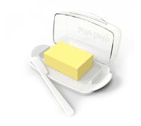 Flip-top Butter Dish, 250g Capacity, Comes with lid and Knife Set. Suitable for Most European Butters, extends butter's Shelf Life. Suitable for countertops or refrigerators (White Transparent Cover)