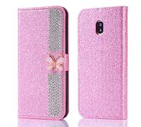 Flip Wallet Case for Galaxy J5 2017 Pink Glitter Cool Cute 3D Butterfly & Chain Diamond Buckle Bling Glitter Pattern Leather Flip Kickstand Magnetic Book Wallet for Samsung Galaxy J5 2017/J530