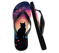 Flipflops Unisex Sandals Men Black, Vibrant Sunset Sky Cat Summer Flip Flops Flat Sole Sandals Gifts Her Gifts Boyfriends, Size 10 (285MM)