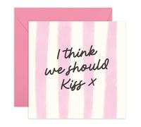 Flirty Love Card - “I Think We Should Kiss x” - Cute Pink Striped Design - Romantic Card for Him, Her, Boyfriend, Girlfriend, Partner, Crush, Babe - Comes with Fun Stickers