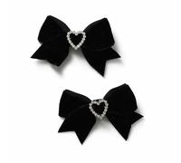 Flitzy Black Velvet Rhinestone Heart Bow Hair Clips - Pack of 2
