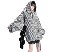 Flixxo Y2K Bunny Ear Zip Up Hoodie - Harajuku Kawaii Striped Baggy Punk Streetwear Jacket - Goth Clothes, Black, XL