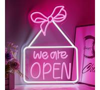 Flixyticy We are open Neon Signs, Pink Bow LED Hanging Light Sign USB Powered Dimmable for Florist, Boutique, Clothes Shop, Bookshop Door Window Decoration (We are OPEN)