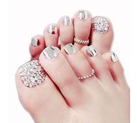 Fliyeong Premium Quality 24Pcs False Toe Nails Glitter Artificial Toenail Tips Sticker Manicure Art DIY Tool