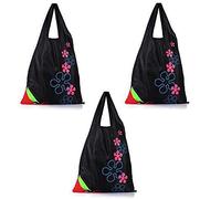 Fliyeong Strawberry Nylon Foldable Reusable Shopping Bags Grocery Tote Eco Shopping Bag Black Pack of 3