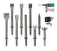 FLKQC 10pcs Pneumatic Air Hammer Chisels Set, Heavy Duty High Carbon Steel Pneumatic Air Hammer Chisels with 0.401" Shank, Pneumatic Chisel Tool Rivet Removal & Automotive Repairs, Includes Spring