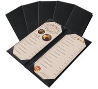 FLKQC Restaurant Menu Covers Holders 4.25" x 11" | Pack of 5 Synthetic Leather Double Fold Panels 2 View Angled Corners Black for Wine List, Drinks (5, Double Fold Panels 2 View (4.25 x 11 inch))