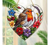 FLKWOP 8x8 Large Heart - Shaped Robin Bird Suncatcher with Stained Glass Effect - Ideal Hanging Window Decor