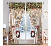 FLKWOP Christmas Ball Holiday Printed Curtains, 2 Pieces 2D Flat Printed Red Luxury Xmas Print Curtains with Snowflakes and Pine Branches for Bedroom Living Room Holiday Party Decor