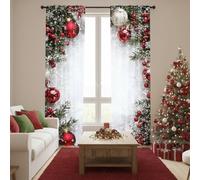 FLKWOP Christmas Ball Holiday Printed Curtains, 2 Pieces 2D Flat Printed Red Luxury Xmas Print Curtains with Snowflakes and Pine Branches for Bedroom Living Room Holiday Party Decor