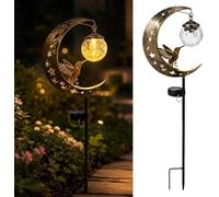 FLKWOP Hummingbird Moon Solar Garden Stake Light, Waterproof Half Moon LED Pathway Decor Crackle Hanging Glass Ball Metal Crescent for Outside Yard Patio Lawn Outdoor Decor