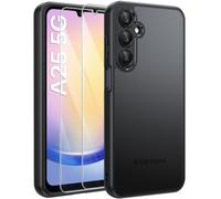 FLLAO Matte Cover Compatible with Samsung Galaxy A25 5G with 2 Tempered Glass, [Camera Protection] Anti-fall Shockproof Anti-Scratch Anti-Fingerprint Hard PC Frosted Translucent Case Black