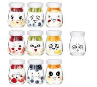 Flliberté 10 Empty Yogurt Jars, Glass Yogurt Jars with Airtight Lid, Small Yogurt Pot Emoticone for Thermomix, Cookéo, Homemade Yogurt (100 ml)