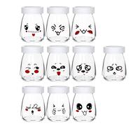 Flliberté 10 Empty Yogurt Jars, Glass Yogurt Pot with Airtight Lid, Emoticon Small Yogurt Jar for Thermomix, Cookeo, Home Yogurt (100ml)