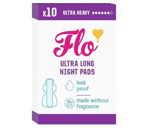 Flo Bamboo Night Period Pads - Ultra Long, Super Absorbent, Soft - 4 Wings, Breathable Pads for Super Heavy Flow - 10 Pads