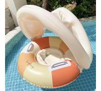Float with Umbrella Blocks UV Rays Foldable Inflatable Swimming Pool Float for Children 0-4 Years Old, Widened Seat Non-Slip Suitable for Swimming Pools，Removable sunshade-Violent orange stripe race