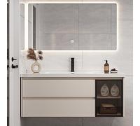 Floating Bathroom Vanity Sink Combo, Freestanding Bathroom Vanity with LED Mirror, Laundry Prep Cleaning Hand Basin Washing Station, White Ceramic Basin Sink Top, Easy Assembly ( Size : 90cm/35.8in )