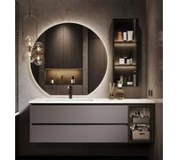 Floating Bathroom Vanity with Sink, Solid Wood Construction, Round Lighted Mirror, Soft-Close Shelf, Modern Design for Spacious Storage