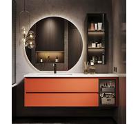 Floating Bathroom Vanity with Sink, Solid Wood Construction, Round Lighted Mirror, Soft-Close Shelf, Modern Design for Spacious Storage