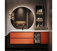 Floating Bathroom Vanity with Sink, Solid Wood Construction, Round Lighted Mirror, Soft-Close Shelf, Modern Design for Spacious Storage