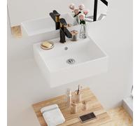 Floating Bathroom Vessel Sink Wall Mount, Hugsleek 16 x 13 inch Rectangle White Porcelain Ceramic Vessel Sink Wall Mounted Hang Bath Sink Bowl Basin Lavatory Vanity Restroom with Faucet Hole Overflow