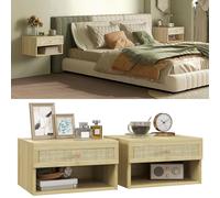 Floating Nightstands Set Of 2 With Rattan Drawer And Storage Shelf For Bedroom - HOMCOM | TJ Hughes