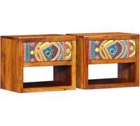 Bedside Table Warm Brown Solid Mango Wood 40x33.5x46cm Floral Pattern Brass Knob