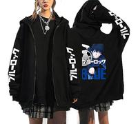 FLOATING Blue Lo-ck Men's Anime Jumpers Jacket, Spring Fall Warm Novelty Graphic Sweatshirts, Long Sleeve Hooded Jacket Sportswear with Zip-Black||XL