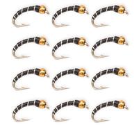 Floating Feather Supply Zebra Midges for Fly Fishing 12 Pack - Hook Size 18-22, Fishing Accessories, Trout Flies, Wet Flies, Silver Bead Black, Gold Red, Tungsten Euro Nymph (Black/Gold, 4X(18-22))