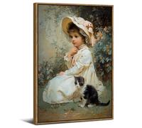 Floating Framed Canvas Wall Art Vintage Home Decor Abstract Kids & Cat Picture Wall Decor Retro Classical Poster Aesthetic Painting Artwork Living Room Bedroom Kitchen Table Decorations 12x16”