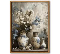 Floating Framed Farmhouse Floral Canvas Wall Art, Vintage Blue and White Flower Pictures Wall Decor, Elegant Art Jar Posters Print for Living Room Bedroom Bathroom Rustic Decor 16x24 inch