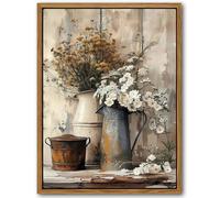 Floating Framed Farmhouse Vintage Canvas Wall Art, Country Floral Daisy Pictures Wall Decor, Wood Grain Art Paintings Poster for Living Room Bedroom Bathroom Rustic Decor 16x24 inch