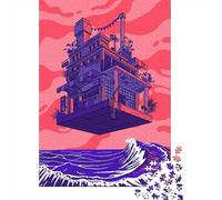 Floating Grocer Building Over Ocean Waves Jigsaw Puzzle 1000 Pieces, Retro Travel Poster Artwork, Premium Paper Puzzle for Home Décor Fans, Mindful Activity, Paper Board, 70x50cm/1000pcs