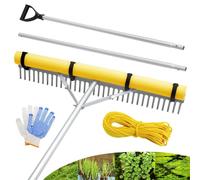 Floating Lake Rake 36" Aluminum All Purpose Lake and Landscape Rake with 102'' Extension Handle and 52Ft Rope Weed & Algae Removal Yellow