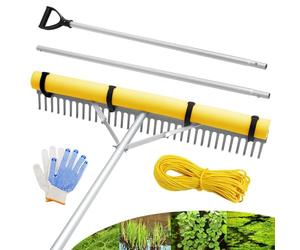 Floating Lake Rake, 36" Aluminum All Purpose Lake and Landscape Rake with 102'' Extension Handle and 52Ft Rope, Weed & Algae Removal, Yellow