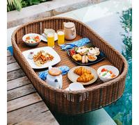 Floating Rattan Breakfast Tray Deluxe Pool Service Tray for Drinks & Brunch Brown Floating Tray for Relaxing Days by the Pool